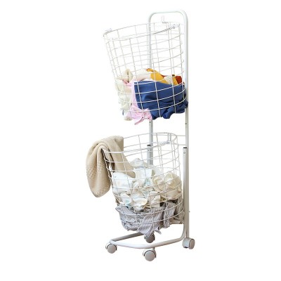 Two Layer Metal Wire Dirty Clothes Storage Basket Cart With Four Wheels